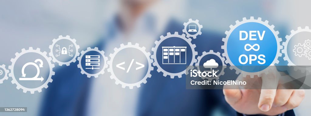 DevOps engineer working on software development and IT operations with icons of agile methodology, sysadmin, network security, automated deployment process, coding, and cloud computing with gears. Life Cycle Stock Photo