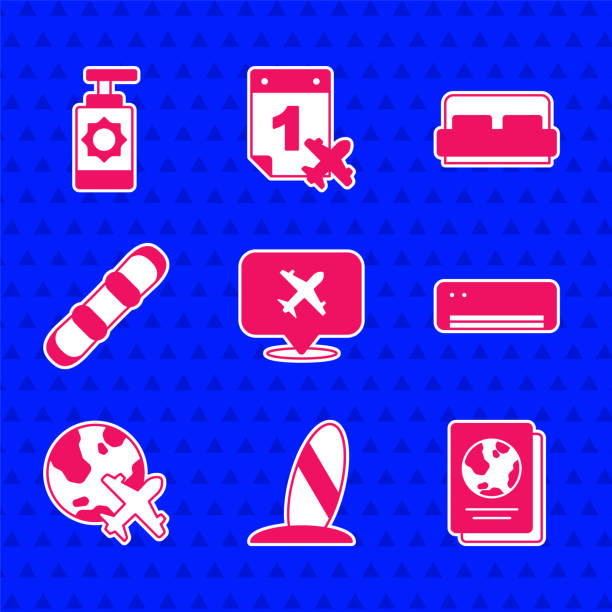 istock Set Speech bubble with airplane, Surfboard, Passport, Air conditioner, Globe flying, Snowboard, Hotel room bed and Sunscreen spray bottle icon. Vector 1362728800