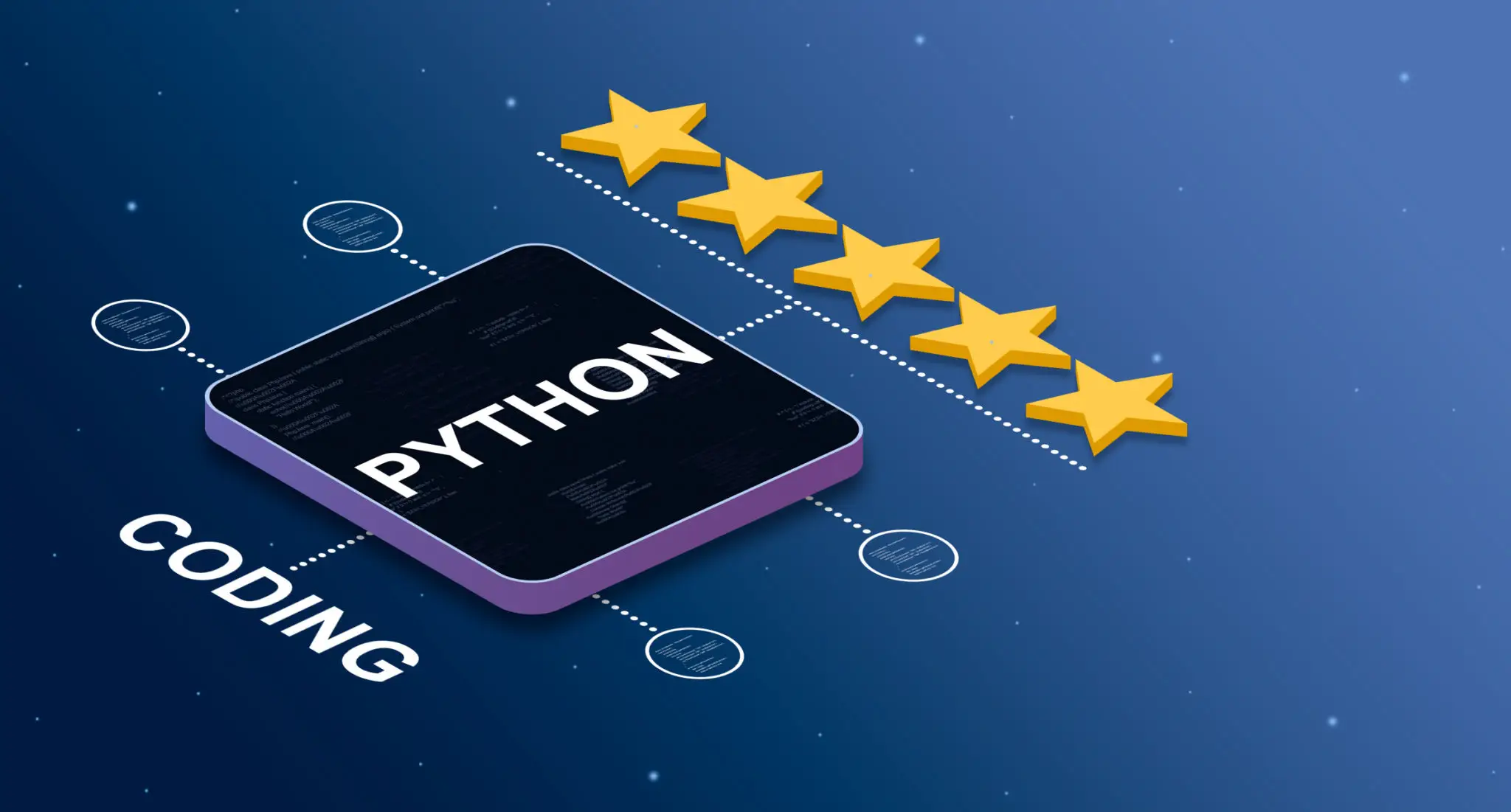 컴퓨터와 파이썬: 언어의 힘 2 Programming language python with a 5-star rating and code elemmets badges 3d