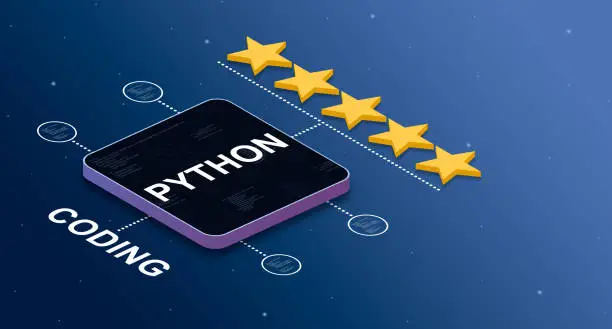 Programming language python with a 5-star rating and code elemmets badges 3d
