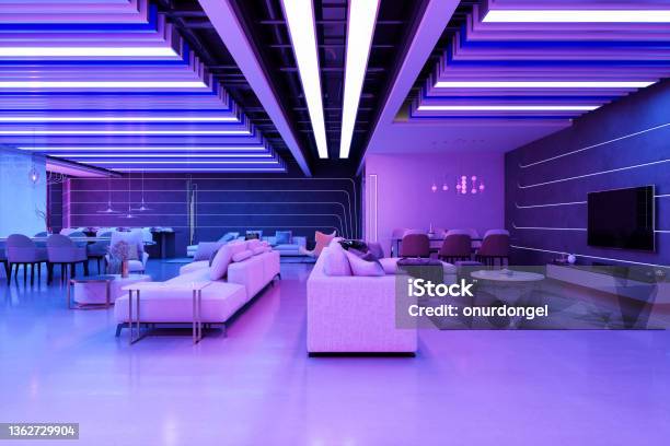 Furniture Showroom With Sofas Dining Tables Chairs And Neon Lights Stock Photo - Download Image Now