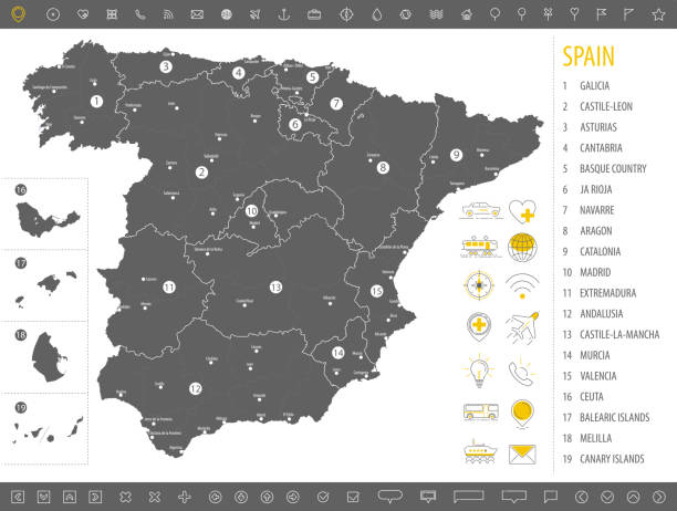 Detailed monochrome map of Spain, gray territory of the country with geographical borders and administrative divisions on white background, set of travel icons, vector illustration Detailed monochrome map of Spain, gray territory of the country with geographical borders and administrative divisions on white background, set of travel icons, vector illustration ceuta map stock illustrations
