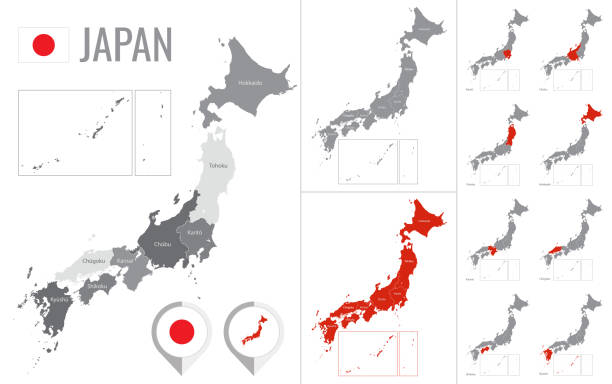 ilustraciones, imágenes clip art, dibujos animados e iconos de stock de mapa vectorial detallado de regiones de japón con bandera - chubu region