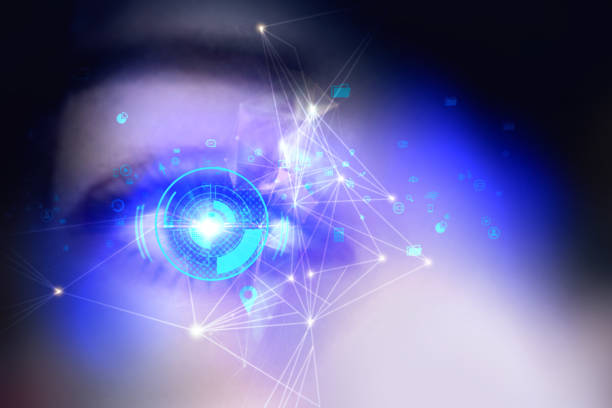 istock Biometric security scan. Concept of eye recognition technology. Eye with scanner and computer interface 1362731324
