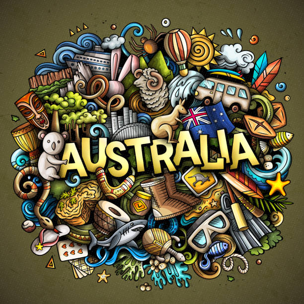 illustrazioni stock, clip art, cartoni animati e icone di tendenza di illustrazione di doodle di cartoni animati disegnata a mano in australia. divertente design locale. - koala australia sydney australia animal