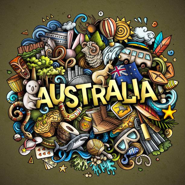 австралия рисованный мультяшный каракуль иллюстрация. забавный местный дизайн. - kangaroo flag australia australian culture stock illustrations