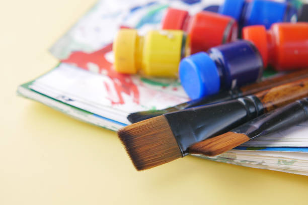 many art brush on a paper with copy space