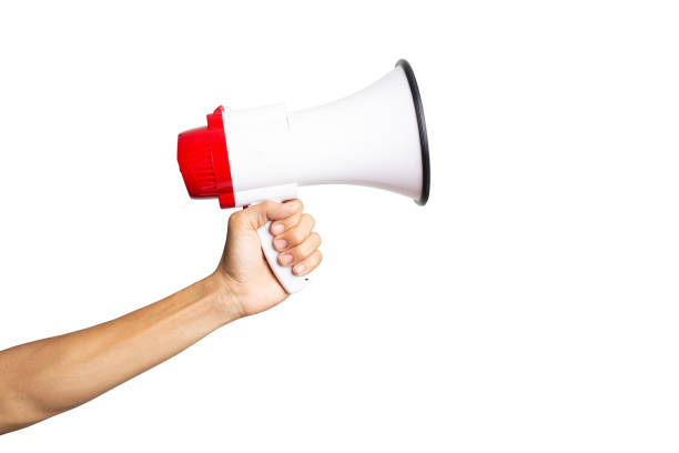 istock male hand holding a megaphone on a white background with clipping path 1362731486