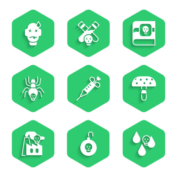 stockillustraties, clipart, cartoons en iconen met set syringe, nuclear bomb, acid rain, fly agaric mushroom, smoke from factory, poisonous spider, book about poisons and man poisoning icon. vector - spider man
