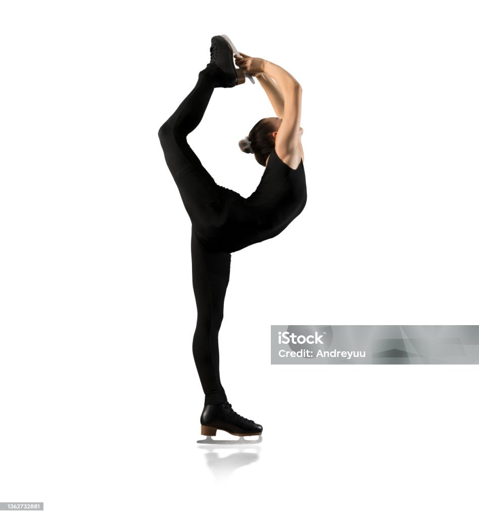 Biellmann spin. Woman figure skating in action Biellmann spin. Woman figure skating in action on white background One Woman Only Stock Photo