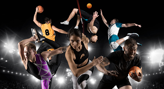 Sport collage. Basketball player, figure skating, rugby, athletic, volleyball. Sports banner