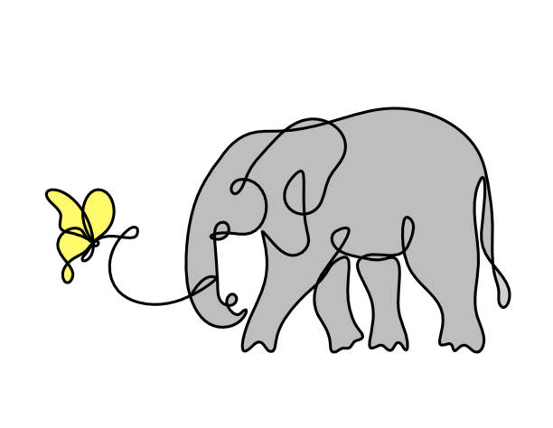 ilustrações de stock, clip art, desenhos animados e ícones de silhouette of abstract color elephant with butterfly as line drawing on white - detent