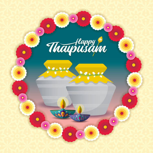 ilustrações de stock, clip art, desenhos animados e ícones de thaipusam greeting card - paal kudam milk pot and diya oil lamp - thaipusam kavadi