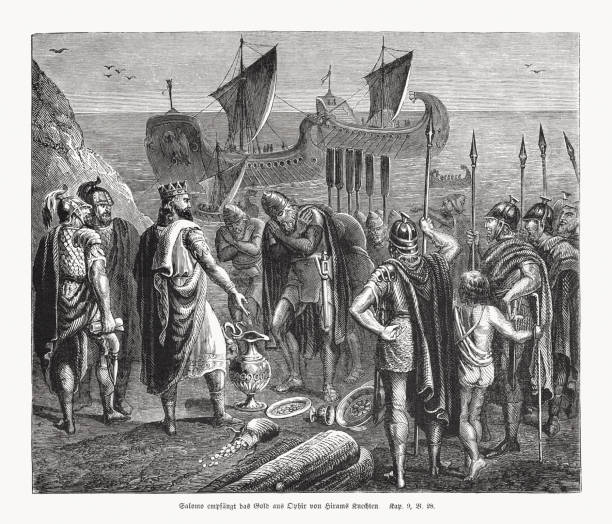 Solomon receives the gold of Hiram, wood engraving, published 1862 King Solomon receives the gold of Ophir from the servants of Hiram, Phoenician king of Tyre (1 Kings 9, 27 - 28). Wood engraving by W. T. Green (English engraver, 19th century), published in 1862. phoenician stock illustrations