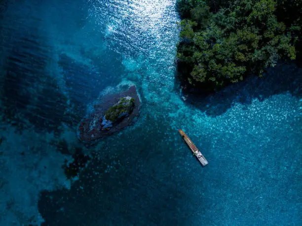 Drone shot of a raft on the Caribbean Sea in Jamaica.