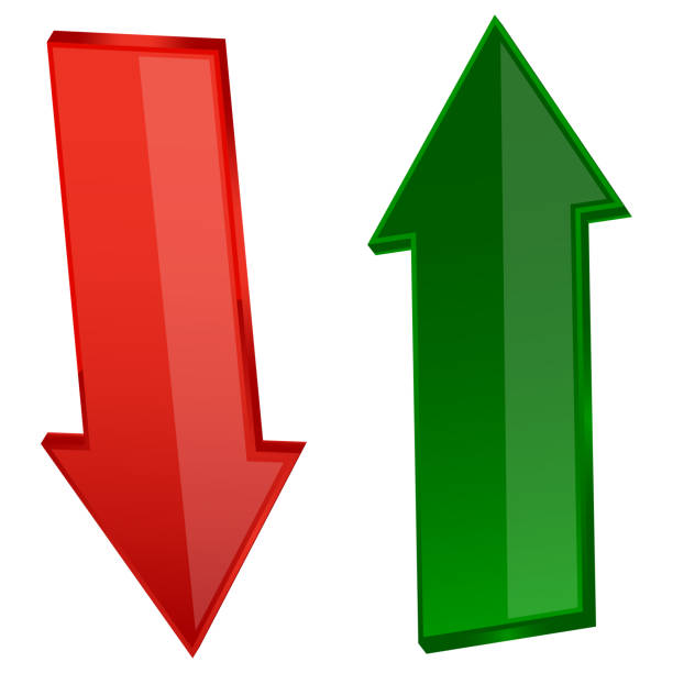 istock Two arrows icon. Red and green. Down and up. Simple design. Business background. Vector illustration. Stock image. 1362739231
