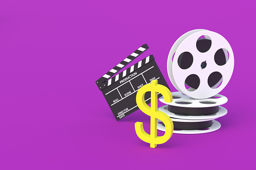 Symbol of dollar near clapperboard and film reel. Investing in the film industry. Income, box office receipts from the sale, rental of films. Royalty from sale of the series. Equipment rent. 3d render