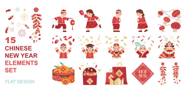 illustrazioni stock, clip art, cartoni animati e icone di tendenza di elementi del capodanno cinese impostati in stile piatto per decorativi - chinese god