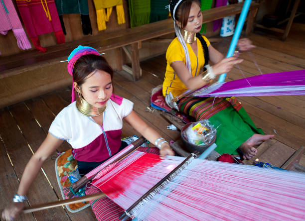 Attractive Kayan, or Padaung, 'long neck' young tribal women with heavy neck rings  working at textile weaving looms in open hut, Inle, Myanmar, Attractive Kayan, or Padaung, 'long neck' young tribal women with heavy neck rings  working at textile weaving looms in open hut, Inle, Myanmar, Southeast Asia. Myanmar, formerly Burma, is a predominantly Buddhist culture with a plethora of shrines, temples and places of worship distributed throughout the country, which is a colorful amalgam of the original Tibeto-Burman and Pagan kingdoms that now show little sign of British and Japanese rule but now notable for its precious stones, tourism and dubious human rights record. padaung tribe stock pictures, royalty-free photos & images