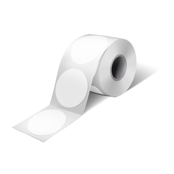 Round label sticker roll vector mock-up. Blank adhesive labels on bobbin mockup