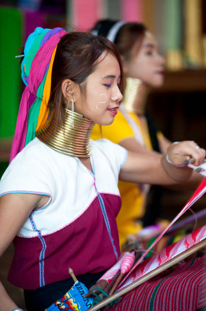Attractive Kayan, or Padaung, 'long neck' young tribal woman with heavy neck rings working at textile weaving looms in open hut, Inle, Myanmar Attractive Kayan, or Padaung, 'long neck' young tribal woman with heavy neck rings working at textile weaving looms in open hut, Inle, Myanmar, Southeast Asia. Myanmar, formerly Burma, is a predominantly Buddhist culture with a plethora of shrines, temples and places of worship distributed throughout the country, which is a colorful amalgam of the original Tibeto-Burman and Pagan kingdoms that now show little sign of British and Japanese rule but now notable for its precious stones, tourism and dubious human rights record. kayan neck rings stock pictures, royalty-free photos & images