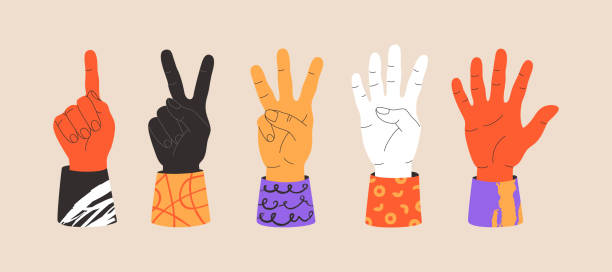 Set of gestures human hands different nationalities, showing fingers to count from one to five Set of gestures human hands different nationalities, showing fingers to count from one to five. Hand drawn vector illustration isolated on light background. Modern flat cartoon style. human finger human hand pointing isolated stock illustrations
