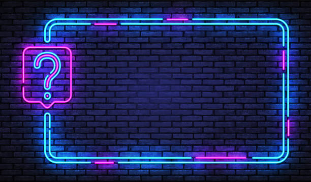 ilustraciones, imágenes clip art, dibujos animados e iconos de stock de póster retro para diseño conceptual. concepto de preguntas frecuentes. pide ayuda a neon sign. fondo vectorial. fondo azul. marco del juego - trivia