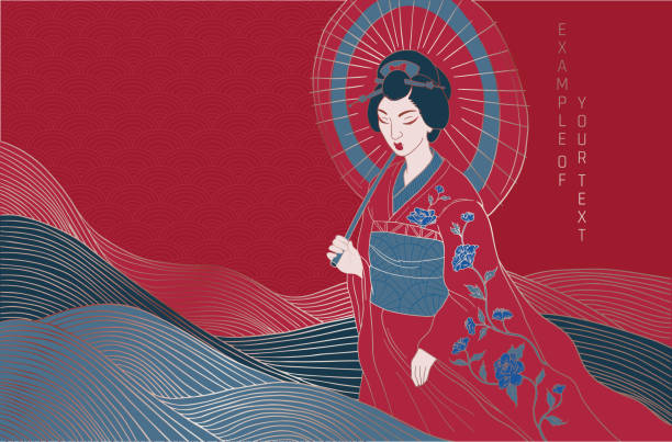 female in traditional clothes abstract asian style female portrait in traditional clothes, blue, red and gold colored. geisha costume stock illustrations