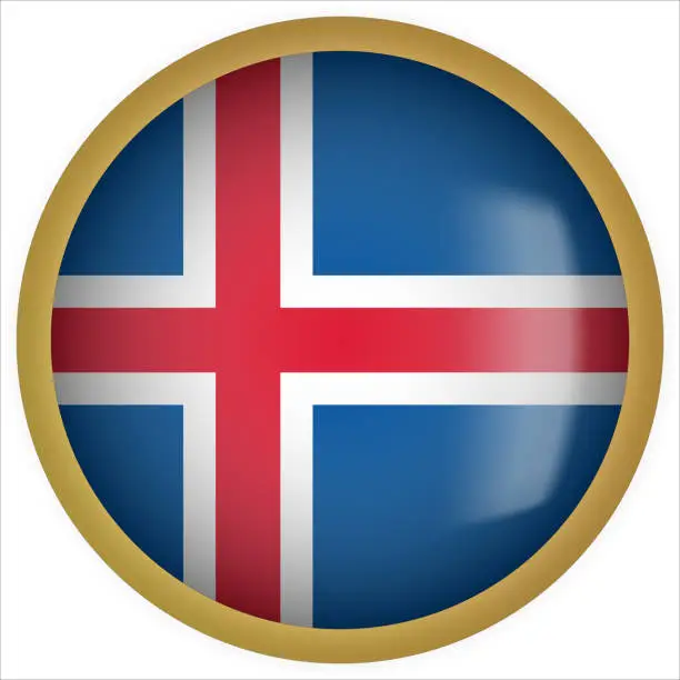 Vector illustration of Iceland 3D rounded Flag Button Icon with Gold Frame