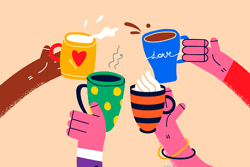 Diverse people hold cups drink warm beverages relax on cold winter evening together. Multiethnic friends have fun cheers with coffee and tea rest on leisure weekend. Vector illustration.