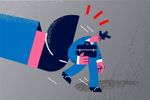 Huge leg kick man firing from work Huge leg kick throw upset businessman out of office. Giant foot fire dismiss unhappy man employee of work. Job dismissal concept. Flat vector illustration, cartoon character. big feet cartoon stock illustrations
