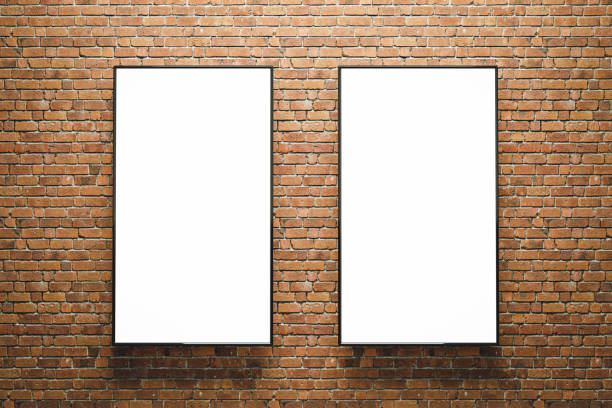 istock 3D render. Mockup of two vertical blank advertising posters or screens on bricks wall. Easy to edit 1362752324