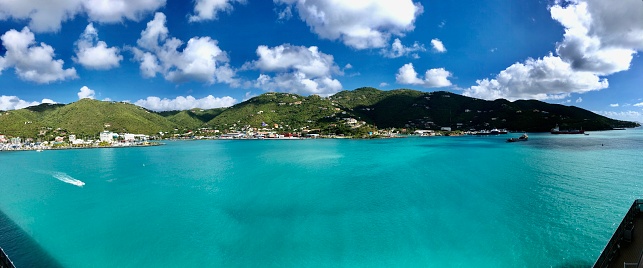 Boats in the turquoise colored waters of Road Harbor in Tortola.