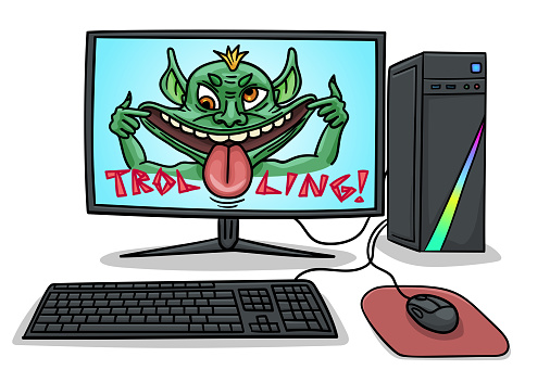 The cartoon troll is teasing. He stretched his mouth wide, stuck out his tongue and rolled his eyes.