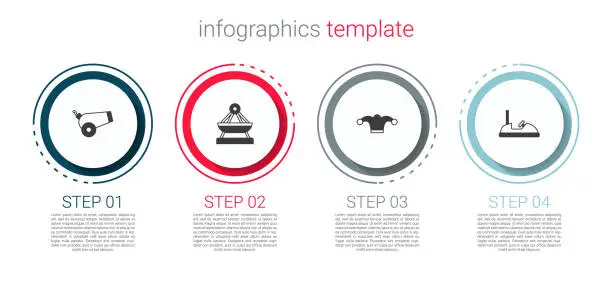 Vector illustration of Set Cannon, Boat swing, Jester hat with bells and Bumper car. Business infographic template. Vector