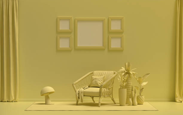 istock Flat color interior room for poster showcase with 5 frames  on the wall, monochrome light yellow color gallery wall with furnitures and plants. 3D rendering 1362755069