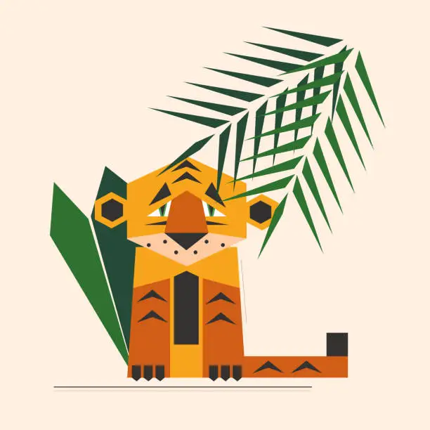 Vector illustration of Sad cartoon tiger symbol of 2022 geometric style illustration