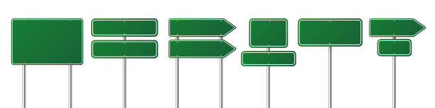Road traffic signs set. Blank board with place for text. Mockup. Isolated green information sign. Direction. Vector illustration Road traffic signs set. Blank board with place for text. Mockup. Isolated green information sign. Direction. Vector illustration road sign ahead stock illustrations