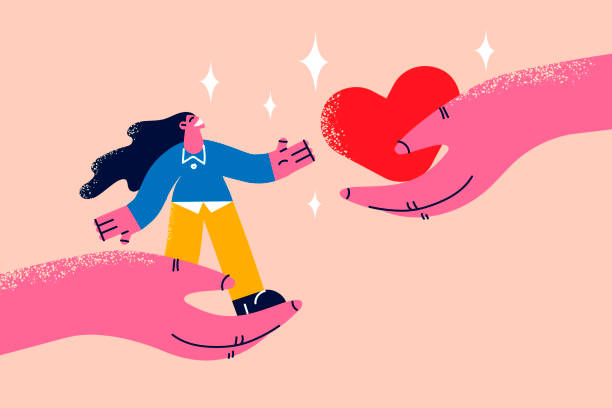 kobieta i serce w rękach pokazujące wsparcie - altruizm stock illustrations
