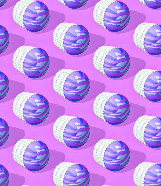 istock Seamless isometric 3d render pattern.  Minimal design. Sweet purple cake. Candy shop, birthday, party concept 1362756434