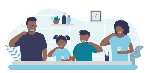 Vector illustration of Family doing morning routine together. Parents and children brush teeth in bathroom. Oral hygiene and prevention of dental diseases