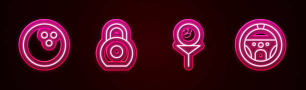 istock Set line Bowling ball, Kettlebell, Golf on tee and Steering wheel. Glowing neon icon. Vector 1362756614