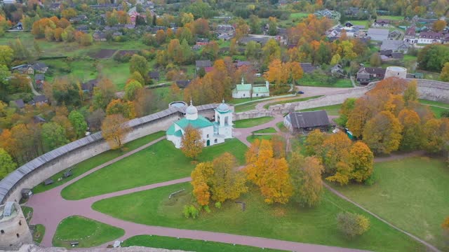 Beautiful and ancient fortress in the city of Izborsk in autumn, Pskov region, Russia