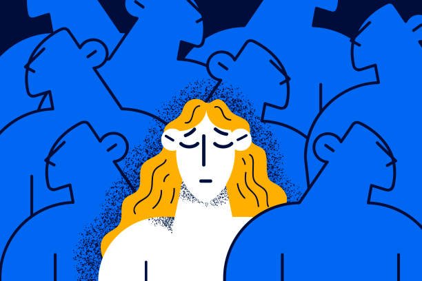 illustrations, cliparts, dessins animés et icônes de une femme malheureuse se sent seule dans la foule - anxiety
