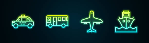 istock Set line Taxi car, Bus, Plane and Cargo ship. Glowing neon icon. Vector 1362758731