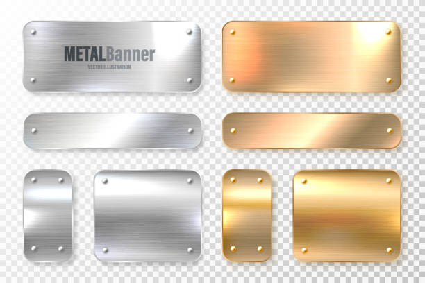 istock Realistic shiny metal banners set. Brushed steel and copper plate. Polished silver metal surface. Vector illustration 1362759779