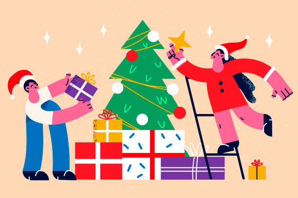 glückliches paar schmücken gemeinsam weihnachtsbaum - santa claus christmas cartoon traditional culture stock-grafiken, -clipart, -cartoons und -symbole