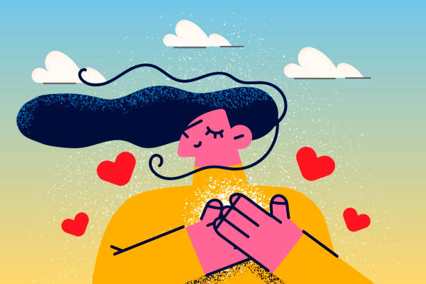 szczęśliwa kobieta z rękami w sercu czuje wdzięczność - wdzięczność ilustracje stock illustrations