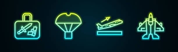 istock Set line Suitcase, Box flying on parachute, Plane takeoff and Jet fighter. Glowing neon icon. Vector 1362762050