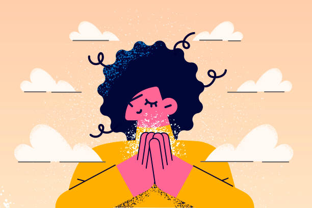 ilustraciones, imágenes clip art, dibujos animados e iconos de stock de mujer tranquila con las manos en oración muestra gratitud - prayer position illustrations